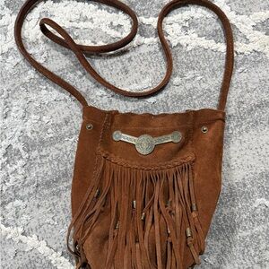 Free People Tan Suede Crossbody Bag with Fringe